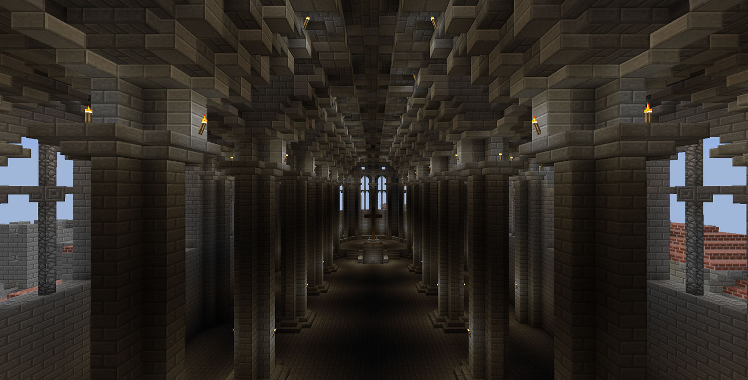 Captura de pantalla del joc d'ordinador "Minecraft", on es mostra l'interior d'una catedral, recreada imitant una catedral gòtica.