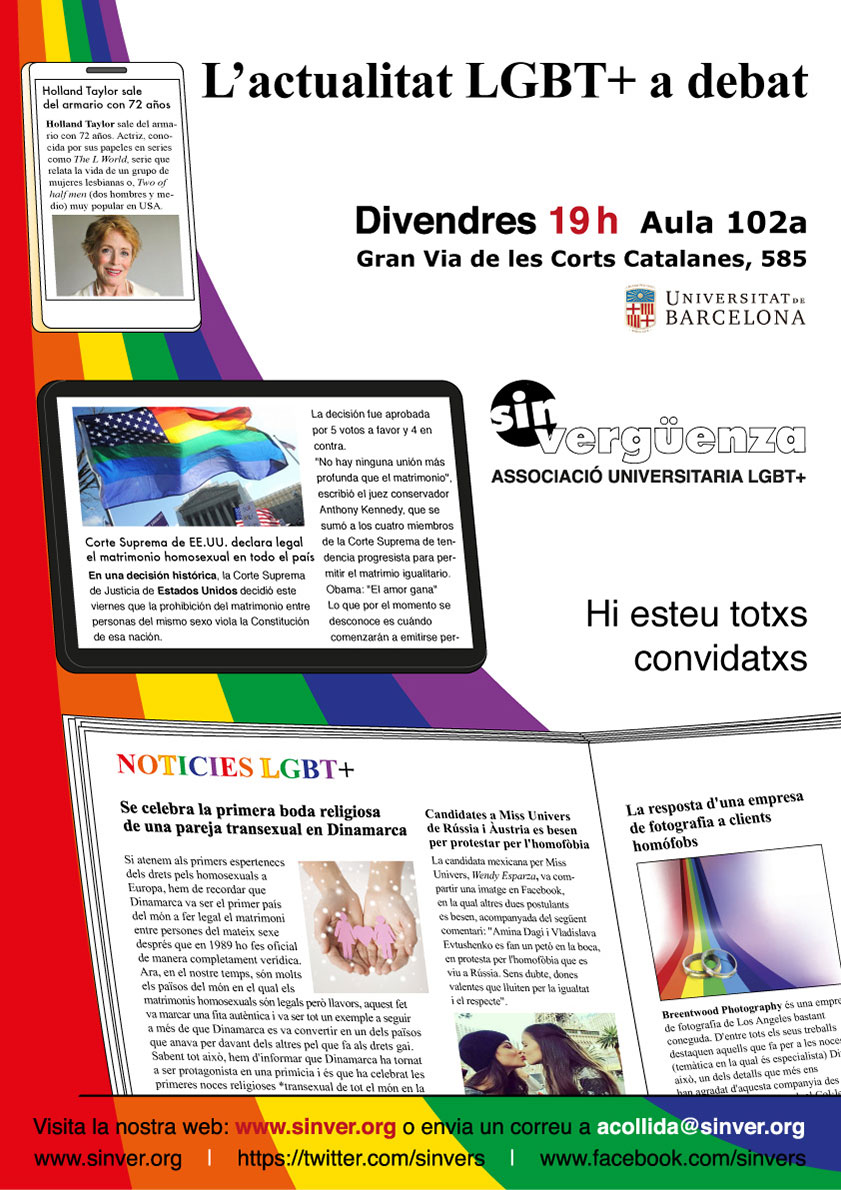Cartell publicitari de l'activitat "L’actualitat LGBT+ a debat", per a l'associació universitaria Sin vergüenza (Illustrator).